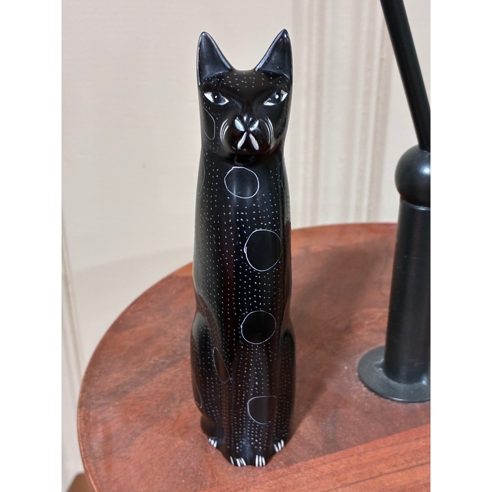 Originelle Kenya Hand Carved Soapstone Cat Figurine Black White Polka Dot 6.25"